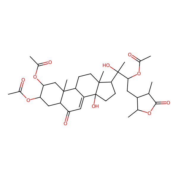2D Structure of [(2S,3R,5R,9R,10R,13R,14S,17S)-2-acetyloxy-17-[(2R,3R)-3-acetyloxy-4-[(2R,3R,4S)-2,4-dimethyl-5-oxooxolan-3-yl]-2-hydroxybutan-2-yl]-14-hydroxy-10,13-dimethyl-6-oxo-2,3,4,5,9,11,12,15,16,17-decahydro-1H-cyclopenta[a]phenanthren-3-yl] acetate