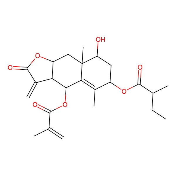 2D Structure of [(3aR,4R,6R,8R,8aR,9aR)-8-hydroxy-5,8a-dimethyl-3-methylidene-4-(2-methylprop-2-enoyloxy)-2-oxo-4,6,7,8,9,9a-hexahydro-3aH-benzo[f][1]benzofuran-6-yl] (2R)-2-methylbutanoate