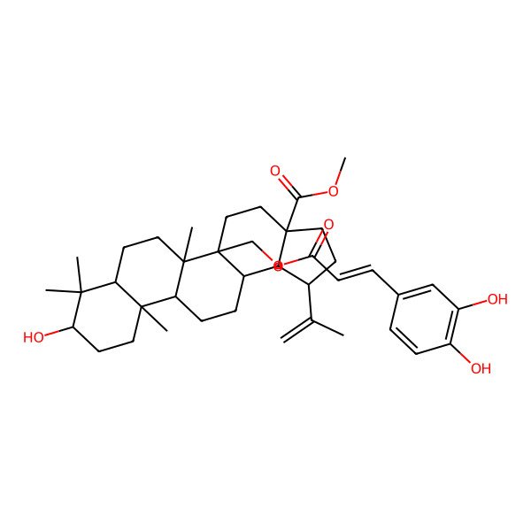 2D Structure of Methyl 5a-[3-(3,4-dihydroxyphenyl)prop-2-enoyloxymethyl]-9-hydroxy-5b,8,8,11a-tetramethyl-1-prop-1-en-2-yl-1,2,3,4,5,6,7,7a,9,10,11,11b,12,13,13a,13b-hexadecahydrocyclopenta[a]chrysene-3a-carboxylate