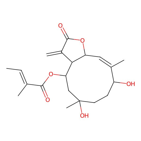 2D Structure of [(3aS,4R,6S,9S,10Z,11aR)-6,9-dihydroxy-6,10-dimethyl-3-methylidene-2-oxo-4,5,7,8,9,11a-hexahydro-3aH-cyclodeca[b]furan-4-yl] (E)-2-methylbut-2-enoate