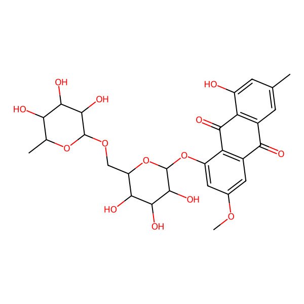 2D Structure of 1-hydroxy-6-methoxy-3-methyl-8-[(2S,3R,4S,5S,6R)-3,4,5-trihydroxy-6-[[(2S,3R,4R,5R,6S)-3,4,5-trihydroxy-6-methyloxan-2-yl]oxymethyl]oxan-2-yl]oxyanthracene-9,10-dione