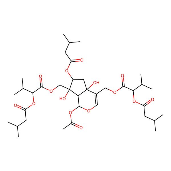 2D Structure of [(1S,4aR,6R,7S,7aS)-1-acetyloxy-4a,7-dihydroxy-6-(3-methylbutanoyloxy)-7-[[(2R)-3-methyl-2-(3-methylbutanoyloxy)butanoyl]oxymethyl]-1,5,6,7a-tetrahydrocyclopenta[c]pyran-4-yl]methyl (2R)-3-methyl-2-(3-methylbutanoyloxy)butanoate