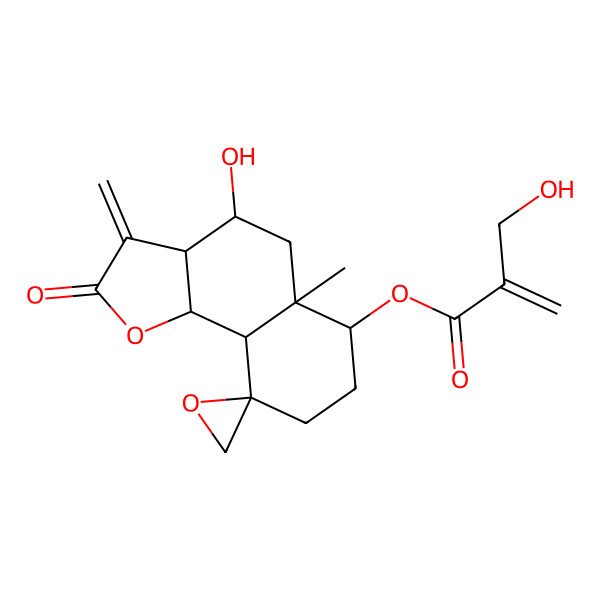 2D Structure of (4-Hydroxy-5a-methyl-3-methylidene-2-oxospiro[3a,4,5,6,7,8,9a,9b-octahydrobenzo[g][1]benzofuran-9,2'-oxirane]-6-yl) 2-(hydroxymethyl)prop-2-enoate