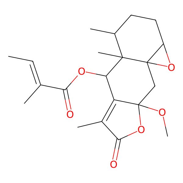 2D Structure of (3-Methoxy-6,9,10-trimethyl-5-oxo-4,14-dioxatetracyclo[7.5.0.01,13.03,7]tetradec-6-en-8-yl) 2-methylbut-2-enoate