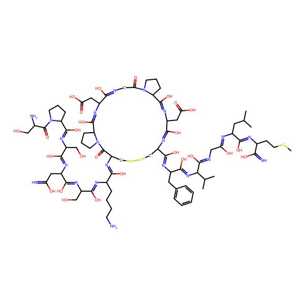 2D Structure of 2-[15-[[6-amino-2-[[2-[[2-[[2-[[[1-(2-amino-3-hydroxypropanoyl)pyrrolidin-2-yl]-hydroxymethylidene]amino]-1,3-dihydroxypropylidene]amino]-1,4-dihydroxy-4-iminobutylidene]amino]-1,3-dihydroxypropylidene]amino]-1-hydroxyhexylidene]amino]-23-(carboxymethyl)-5,8,22,25-tetrahydroxy-20-[C-hydroxy-N-[1-hydroxy-1-[1-hydroxy-1-[2-hydroxy-2-[1-hydroxy-1-(1-hydroxy-1-imino-4-methylsulfanylbutan-2-yl)imino-4-methylpentan-2-yl]iminoethyl]imino-3-methylbutan-2-yl]imino-3-phenylpropan-2-yl]carbonimidoyl]-2,14-dioxo-17,18-dithia-1,4,7,13,21,24-hexazatricyclo[24.3.0.09,13]nonacosa-4,7,21,24-tetraen-6-yl]acetic acid
