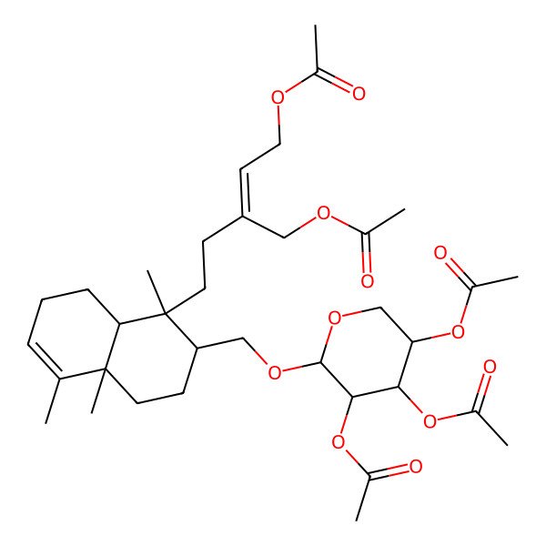 2D Structure of [(E)-5-[(1R,2R,4aR,8aR)-1,4a,5-trimethyl-2-[[(2S,3S,4R,5S)-3,4,5-triacetyloxyoxan-2-yl]oxymethyl]-2,3,4,7,8,8a-hexahydronaphthalen-1-yl]-3-(acetyloxymethyl)pent-2-enyl] acetate