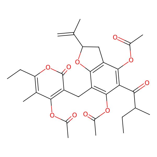 2D Structure of [5-[[4,6-Diacetyloxy-5-(2-methylbutanoyl)-2-prop-1-en-2-yl-2,3-dihydro-1-benzofuran-7-yl]methyl]-2-ethyl-3-methyl-6-oxopyran-4-yl] acetate