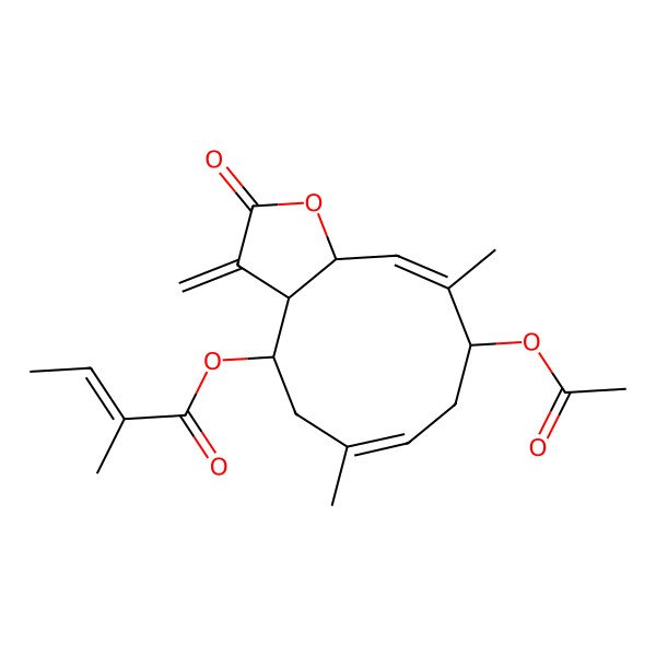 2D Structure of [(3aR,4R,6E,9S,10Z,11aR)-9-acetyloxy-6,10-dimethyl-3-methylidene-2-oxo-3a,4,5,8,9,11a-hexahydrocyclodeca[b]furan-4-yl] (E)-2-methylbut-2-enoate
