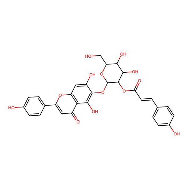 2D Structure of [(2S,3R,4S,5S,6R)-2-[5,7-dihydroxy-2-(4-hydroxyphenyl)-4-oxochromen-6-yl]oxy-4,5-dihydroxy-6-(hydroxymethyl)oxan-3-yl] (E)-3-(4-hydroxyphenyl)prop-2-enoate