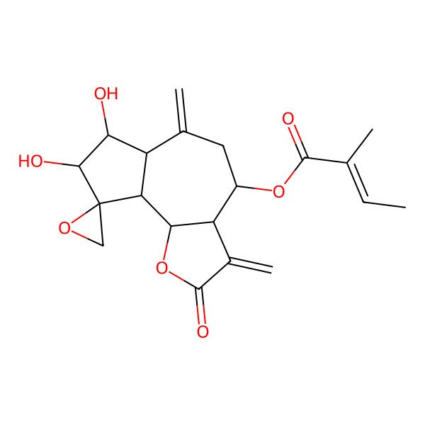 2D Structure of (7,8-Dihydroxy-3,6-dimethylidene-2-oxospiro[3a,4,5,6a,7,8,9a,9b-octahydroazuleno[4,5-b]furan-9,2'-oxirane]-4-yl) 2-methylbut-2-enoate