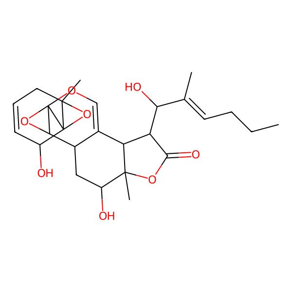 2D Structure of (2R,3S,6R,7S,9S,10S,12S)-7-hydroxy-3-[(E,1R)-1-hydroxy-2-methylhex-2-enyl]-12-[(1S,2R,6R)-2-hydroxy-6-methyl-7-oxabicyclo[4.1.0]hept-3-en-1-yl]-6-methyl-5,11,13-trioxatetracyclo[7.5.0.02,6.010,12]tetradec-1(14)-en-4-one