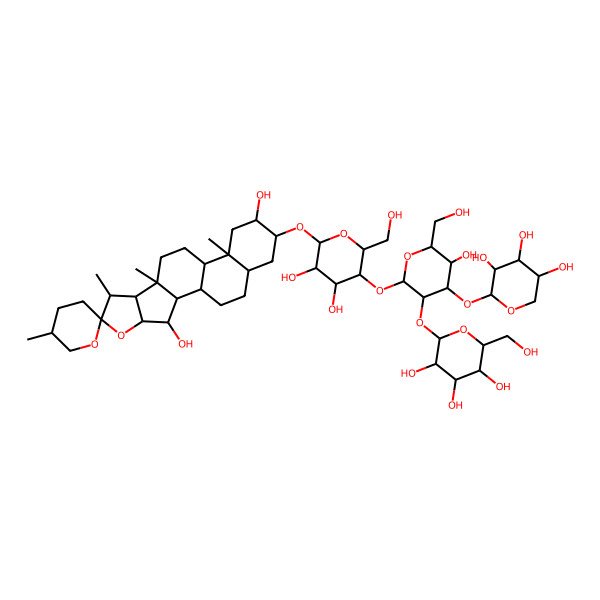 2D Structure of (2S,3R,4S,5R,6R)-2-[(2S,3R,4S,5R,6R)-2-[(2R,3R,4R,5R,6R)-6-[(1R,2S,3S,4R,5'R,6R,7S,8R,9S,12R,13S,15R,16R,18S)-3,15-dihydroxy-5',7,9,13-tetramethylspiro[5-oxapentacyclo[10.8.0.02,9.04,8.013,18]icosane-6,2'-oxane]-16-yl]oxy-4,5-dihydroxy-2-(hydroxymethyl)oxan-3-yl]oxy-5-hydroxy-6-(hydroxymethyl)-4-[(2S,3R,4S,5R)-3,4,5-trihydroxyoxan-2-yl]oxyoxan-3-yl]oxy-6-(hydroxymethyl)oxane-3,4,5-triol