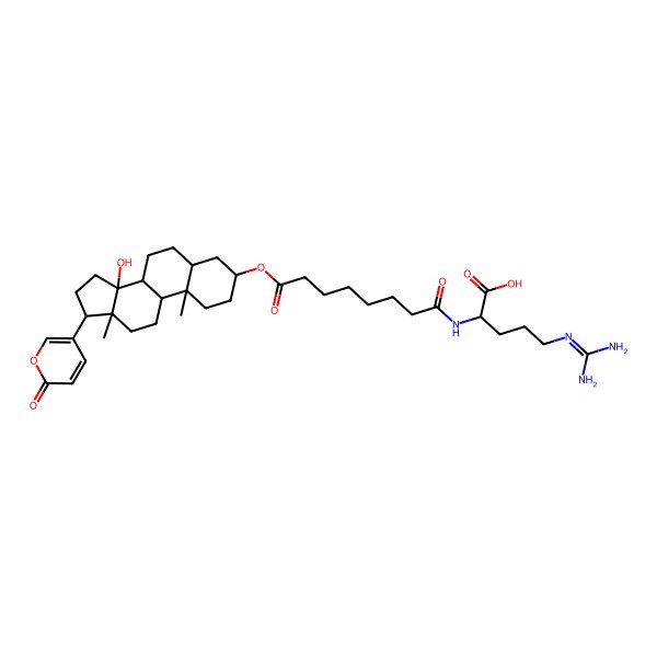 2D Structure of 5-(Diaminomethylideneamino)-2-[[8-[[14-hydroxy-10,13-dimethyl-17-(6-oxopyran-3-yl)-1,2,3,4,5,6,7,8,9,11,12,15,16,17-tetradecahydrocyclopenta[a]phenanthren-3-yl]oxy]-8-oxooctanoyl]amino]pentanoic acid
