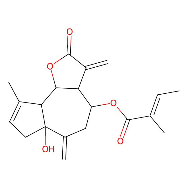 2D Structure of (6a-Hydroxy-9-methyl-3,6-dimethylidene-2-oxo-3a,4,5,7,9a,9b-hexahydroazuleno[4,5-b]furan-4-yl) 2-methylbut-2-enoate
