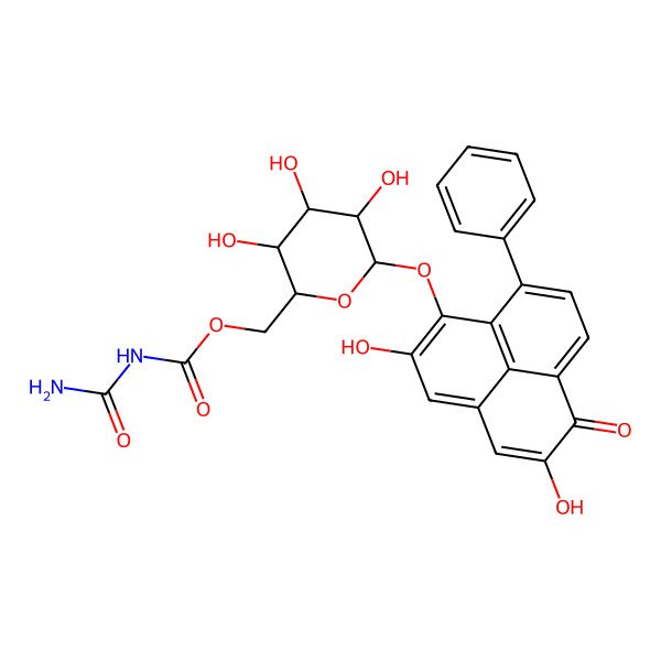 2D Structure of [(2R,3S,4S,5R,6S)-6-(2,5-dihydroxy-6-oxo-9-phenylphenalen-1-yl)oxy-3,4,5-trihydroxyoxan-2-yl]methyl N-carbamoylcarbamate