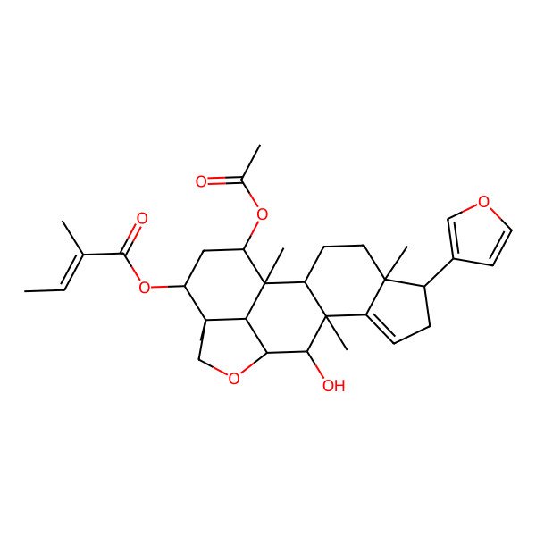 2D Structure of [(1R,2R,5S,6R,10R,11S,12R,15R,16R,18S,19R)-18-acetyloxy-6-(furan-3-yl)-11-hydroxy-1,5,10,15-tetramethyl-13-oxapentacyclo[10.6.1.02,10.05,9.015,19]nonadec-8-en-16-yl] (Z)-2-methylbut-2-enoate