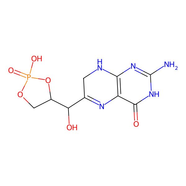 2D Structure of 2-amino-6-[hydroxy-(2-hydroxy-2-oxo-1,3,2lambda5-dioxaphospholan-4-yl)methyl]-7,8-dihydro-3H-pteridin-4-one