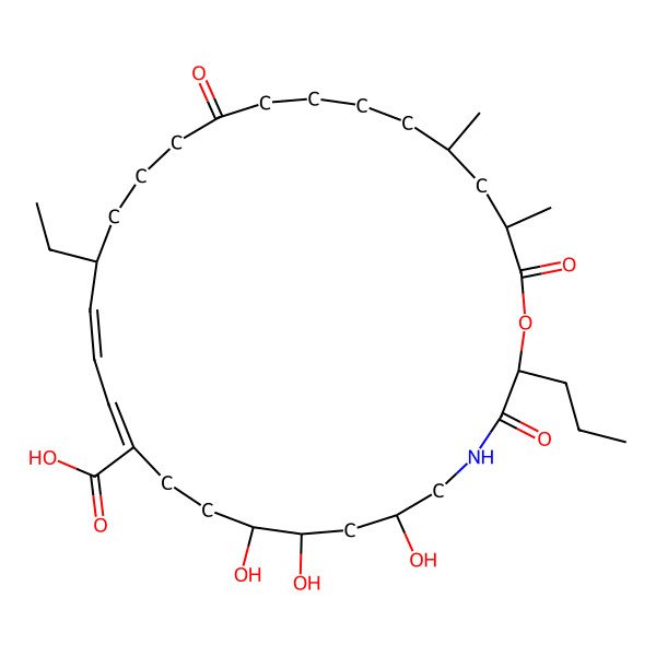 2D Structure of 16-Ethyl-6,8,9-trihydroxy-25,27-dimethyl-3,20,28-trioxo-2-propyl-1-oxa-4-azacyclooctacosa-12,14-diene-12-carboxylic acid