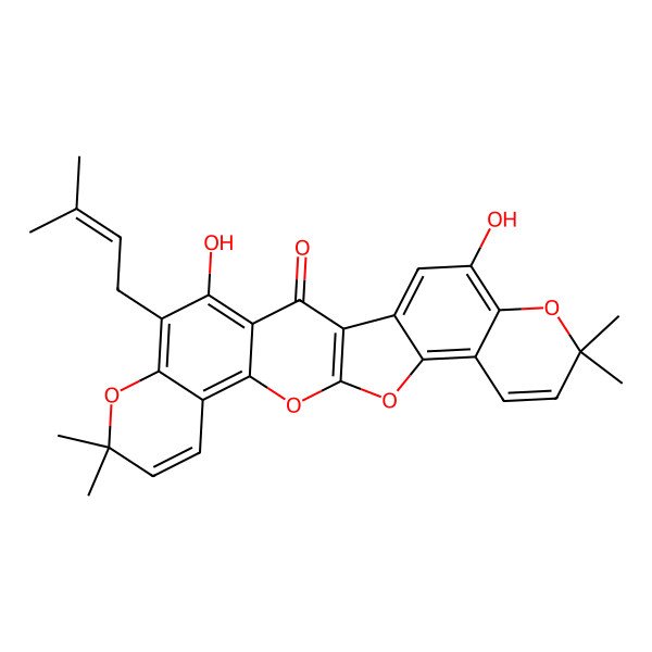2D Structure of 11,17-Dihydroxy-7,7,20,20-tetramethyl-10-(3-methylbut-2-enyl)-2,8,19,25-tetraoxahexacyclo[12.11.0.03,12.04,9.015,24.018,23]pentacosa-1(14),3,5,9,11,15,17,21,23-nonaen-13-one