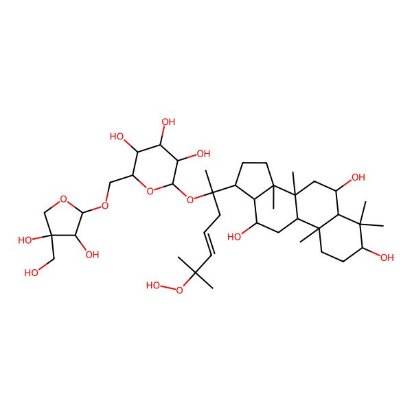 2D Structure of (2R,3R,4S,5R,6S)-2-[[(2R,3R,4R)-3,4-dihydroxy-4-(hydroxymethyl)oxolan-2-yl]oxymethyl]-6-[(E,2S)-6-hydroperoxy-6-methyl-2-[(3S,5R,6S,8R,9R,10R,12R,13R,14R,17S)-3,6,12-trihydroxy-4,4,8,10,14-pentamethyl-2,3,5,6,7,9,11,12,13,15,16,17-dodecahydro-1H-cyclopenta[a]phenanthren-17-yl]hept-4-en-2-yl]oxyoxane-3,4,5-triol