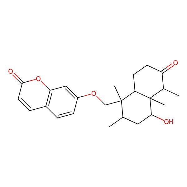 2D Structure of 7-[(4-hydroxy-1,2,4a,5-tetramethyl-6-oxo-3,4,5,7,8,8a-hexahydro-2H-naphthalen-1-yl)methoxy]chromen-2-one