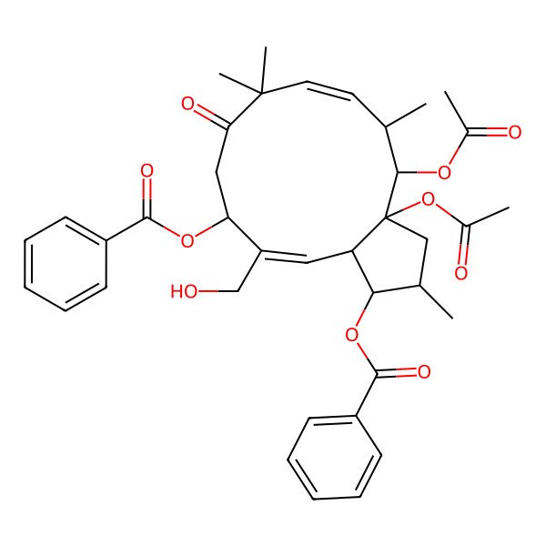 2D Structure of [(1S,2R,3aR,4R,5R,6E,11R,12E,13aS)-3a,4-diacetyloxy-1-benzoyloxy-12-(hydroxymethyl)-2,5,8,8-tetramethyl-9-oxo-1,2,3,4,5,10,11,13a-octahydrocyclopenta[12]annulen-11-yl] benzoate