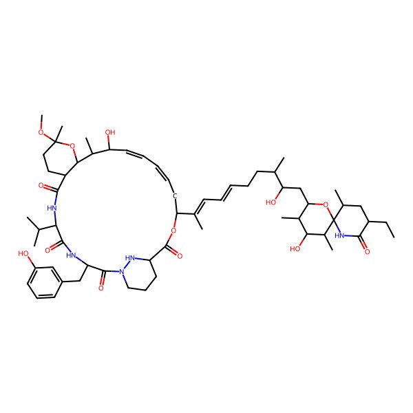 2D Structure of (3S,6S,9R,12S,14R,15S,16S,17E,19E,22S)-22-[(2E,4E,8S,9S)-10-[(2S,3R,4S,5S,6R,9S,11S)-9-ethyl-4-hydroxy-3,5,11-trimethyl-8-oxo-1-oxa-7-azaspiro[5.5]undecan-2-yl]-9-hydroxy-8-methyldeca-2,4-dien-2-yl]-16-hydroxy-3-[(3-hydroxyphenyl)methyl]-12-methoxy-12,15-dimethyl-6-propan-2-yl-13,23-dioxa-1,4,7,29-tetrazatricyclo[23.3.1.09,14]nonacosa-17,19-diene-2,5,8,24-tetrone