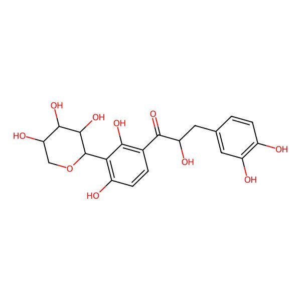 2D Structure of (2R)-3-(3,4-dihydroxyphenyl)-1-[2,4-dihydroxy-3-[(2S,3R,4S,5R)-3,4,5-trihydroxyoxan-2-yl]phenyl]-2-hydroxypropan-1-one
