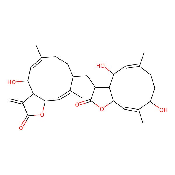 2D Structure of (3aS,4R,5Z,9R,10Z,11aS)-9-[[(3R,3aS,4R,5Z,9S,10Z,11aS)-4,9-dihydroxy-6,10-dimethyl-2-oxo-3a,4,7,8,9,11a-hexahydro-3H-cyclodeca[b]furan-3-yl]methyl]-4-hydroxy-6,10-dimethyl-3-methylidene-3a,4,7,8,9,11a-hexahydrocyclodeca[b]furan-2-one