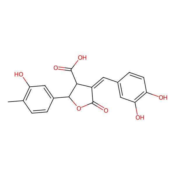 2D Structure of (4E)-4-[(3,4-dihydroxyphenyl)methylene]-2-(3-hydroxy-4-methyl-phenyl)-5-oxo-tetrahydrofuran-3-carboxylic acid