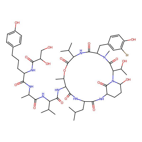 2D Structure of (2S)-N-[(2S)-1-[[(2S)-1-[[(2S,5S,8S,11R,12S,15S,18S,21R)-5-[(3-bromo-4-hydroxyphenyl)methyl]-21-hydroxy-2-[(1R)-1-hydroxyethyl]-4,11-dimethyl-15-(2-methylpropyl)-3,6,9,13,16,22-hexaoxo-8-propan-2-yl-10-oxa-1,4,7,14,17-pentazabicyclo[16.3.1]docosan-12-yl]amino]-3-methyl-1-oxobutan-2-yl]amino]-1-oxopropan-2-yl]-2-[[(2R)-2,3-dihydroxypropanoyl]amino]-5-(4-hydroxyphenyl)pentanamide