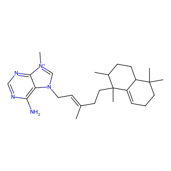 2D Structure of 7-[(E)-5-[(1R,2S,4aR)-1,2,5,5-tetramethyl-2,3,4,4a,6,7-hexahydronaphthalen-1-yl]-3-methylpent-2-enyl]-9-methylpurin-9-ium-6-amine