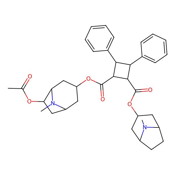 2D Structure of 2-O-[(1R,3R,5S,6R)-6-acetyloxy-8-methyl-8-azabicyclo[3.2.1]octan-3-yl] 1-O-[(1S,5R)-8-methyl-8-azabicyclo[3.2.1]octan-3-yl] 3,4-diphenylcyclobutane-1,2-dicarboxylate