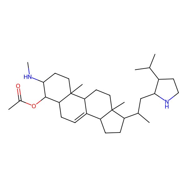 2D Structure of [(3R,4R,5R,9R,10R,13R,14R,17R)-10,13-dimethyl-3-(methylamino)-17-[(2R)-1-[(2R,3R)-3-propan-2-ylpyrrolidin-2-yl]propan-2-yl]-2,3,4,5,6,9,11,12,14,15,16,17-dodecahydro-1H-cyclopenta[a]phenanthren-4-yl] acetate