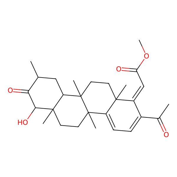 2D Structure of Methyl 2-(2-acetyl-7-hydroxy-4b,6a,9,10b,12a-pentamethyl-8-oxo-5,6,7,9,10,10a,11,12-octahydrochrysen-1-ylidene)acetate 2D Structure of Methyl 2-(2-acetyl-7-hydroxy-4b,6a,9,10b,12a-pentamethyl-8-oxo-5,6,7,9,10,10a,11,12-octahydrochrysen-1-ylidene)acetate