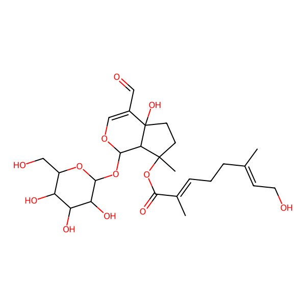 2D Structure of [4-Formyl-4a-hydroxy-7-methyl-1-[3,4,5-trihydroxy-6-(hydroxymethyl)oxan-2-yl]oxy-1,5,6,7a-tetrahydrocyclopenta[c]pyran-7-yl] 8-hydroxy-2,6-dimethylocta-2,6-dienoate
