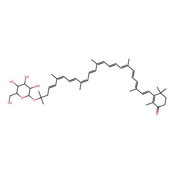 2D Structure of 3-[(1E,3E,5E,7E,9E,11E,13E,15E,17E,19E,21E)-3,7,12,16,20,24-hexamethyl-24-[(2S,3R,4S,5S,6R)-3,4,5-trihydroxy-6-(hydroxymethyl)oxan-2-yl]oxypentacosa-1,3,5,7,9,11,13,15,17,19,21-undecaenyl]-2,4,4-trimethylcyclohex-2-en-1-one