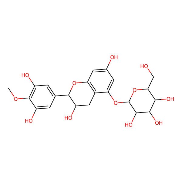 2D Structure of (2S,3R,4S,5S,6R)-2-[(2R,3R)-2-(3,5-dihydroxy-4-methoxy-phenyl)-3,7-dihydroxy-chroman-5-yl]oxy-6-(hydroxymethyl)tetrahydropyran-3,4,5-triol