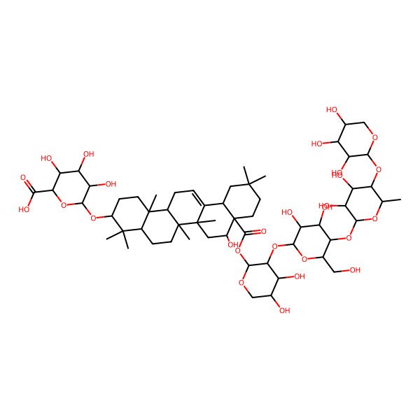 2D Structure of 6-[[8a-[3-[5-[3,4-Dihydroxy-6-methyl-5-(3,4,5-trihydroxyoxan-2-yl)oxyoxan-2-yl]oxy-3,4-dihydroxy-6-(hydroxymethyl)oxan-2-yl]oxy-4,5-dihydroxyoxan-2-yl]oxycarbonyl-8-hydroxy-4,4,6a,6b,11,11,14b-heptamethyl-1,2,3,4a,5,6,7,8,9,10,12,12a,14,14a-tetradecahydropicen-3-yl]oxy]-3,4,5-trihydroxyoxane-2-carboxylic acid