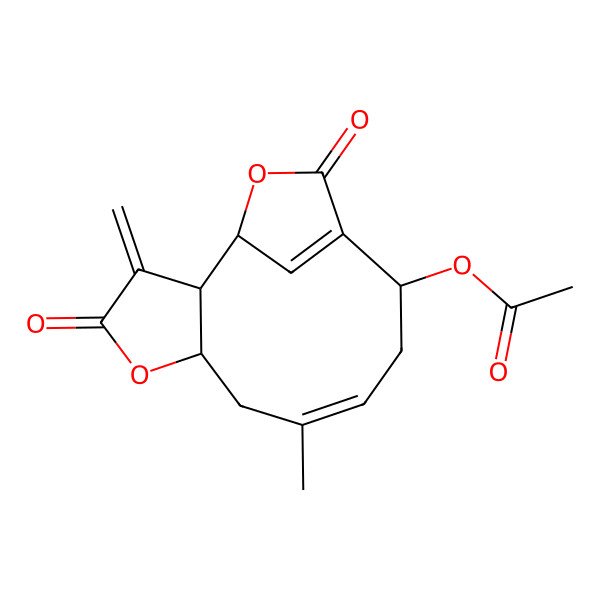 2D Structure of [(1R,2S,6S,8E,11S)-8-methyl-3-methylidene-4,13-dioxo-5,14-dioxatricyclo[10.2.1.02,6]pentadeca-8,12(15)-dien-11-yl] acetate