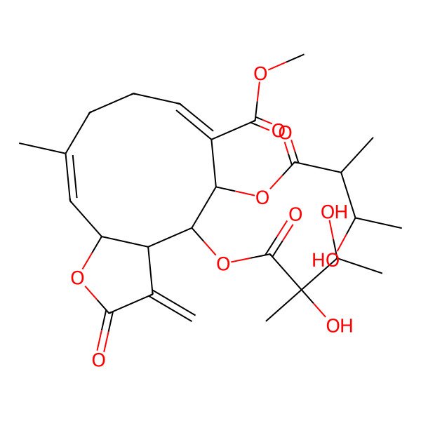 2D Structure of Methyl 4-(2,3-dihydroxy-2-methylbutanoyl)oxy-5-(3-hydroxy-2-methylbutanoyl)oxy-10-methyl-3-methylidene-2-oxo-3a,4,5,8,9,11a-hexahydrocyclodeca[b]furan-6-carboxylate