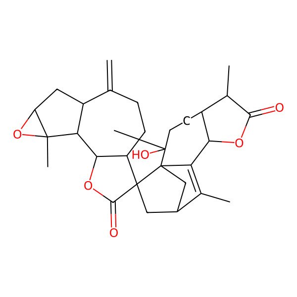 2D Structure of (1S,1'S,2S,2'S,5R,5'S,6S,6'S,9'S,10R,12R,12'R,14S)-2'-hydroxy-2',6',11',14-tetramethyl-9-methylidenespiro[3,13-dioxatetracyclo[8.4.0.02,6.012,14]tetradecane-5,14'-8-oxatetracyclo[10.2.1.01,10.05,9]pentadec-10-ene]-4,7'-dione