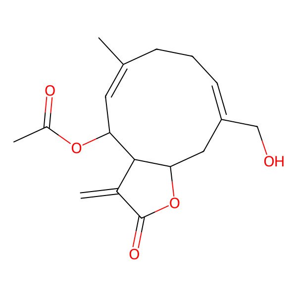 2D Structure of [(3aR,4R,5E,9E,11aS)-10-(hydroxymethyl)-6-methyl-3-methylidene-2-oxo-3a,4,7,8,11,11a-hexahydrocyclodeca[b]furan-4-yl] acetate