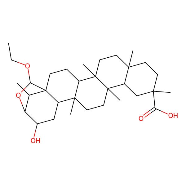 2D Structure of (1S,4S,5R,8S,11R,13R,14S,17R,18S,20R,23R,24R)-23-ethoxy-20-hydroxy-5,8,11,14,17,24-hexamethyl-22-oxahexacyclo[19.2.1.01,18.04,17.05,14.08,13]tetracosane-11-carboxylic acid