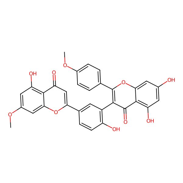 2D Structure of 5,7-Dihydroxy-3-[2-hydroxy-5-(5-hydroxy-7-methoxy-4-oxochromen-2-yl)phenyl]-2-(4-methoxyphenyl)chromen-4-one