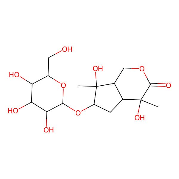 2D Structure of (4S,4aS,6S,7S,7aR)-4,7-dihydroxy-4,7-dimethyl-6-[(2S,3R,4S,5S,6R)-3,4,5-trihydroxy-6-(hydroxymethyl)oxan-2-yl]oxy-4a,5,6,7a-tetrahydro-1H-cyclopenta[c]pyran-3-one