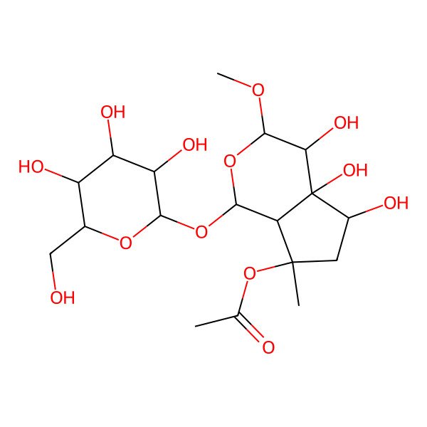 2D Structure of [(1S,3R,4R,4aS,5R,7S,7aS)-4,4a,5-trihydroxy-3-methoxy-7-methyl-1-[(2S,3R,4S,5S,6R)-3,4,5-trihydroxy-6-(hydroxymethyl)oxan-2-yl]oxy-1,3,4,5,6,7a-hexahydrocyclopenta[c]pyran-7-yl] acetate
