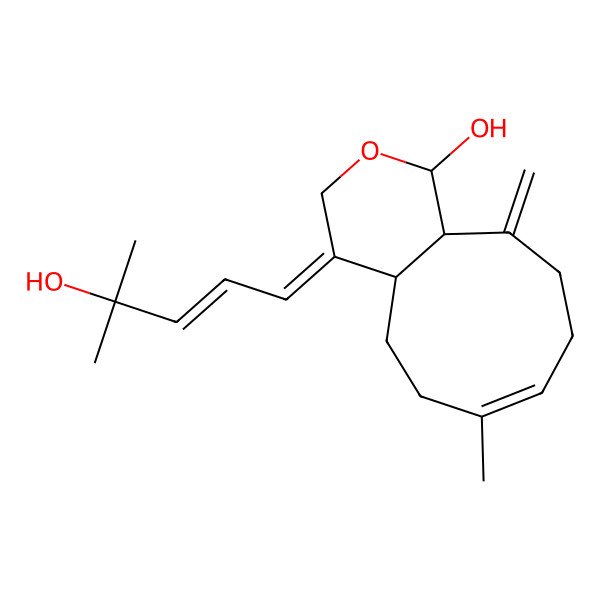 2D Structure of (1S,4E,4aS,7Z,11aR)-4-[(E)-4-hydroxy-4-methylpent-2-enylidene]-7-methyl-11-methylidene-4a,5,6,9,10,11a-hexahydro-1H-cyclonona[c]pyran-1-ol