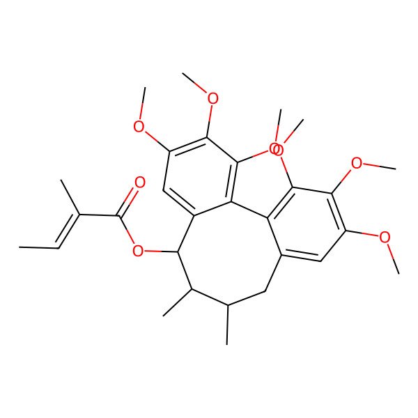 2D Structure of (3,4,5,14,15,16-Hexamethoxy-9,10-dimethyl-8-tricyclo[10.4.0.02,7]hexadeca-1(16),2,4,6,12,14-hexaenyl) 2-methylbut-2-enoate