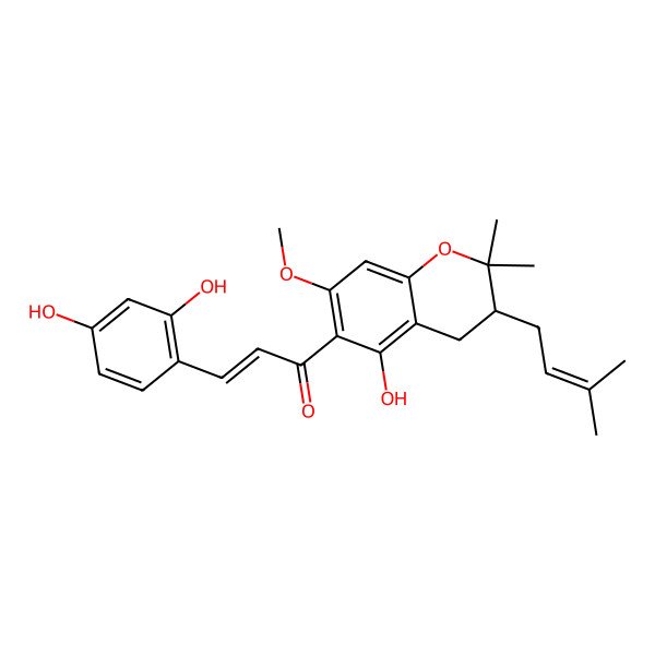 2D Structure of 3-(2,4-Dihydroxyphenyl)-1-[5-hydroxy-7-methoxy-2,2-dimethyl-3-(3-methylbut-2-enyl)-3,4-dihydrochromen-6-yl]prop-2-en-1-one